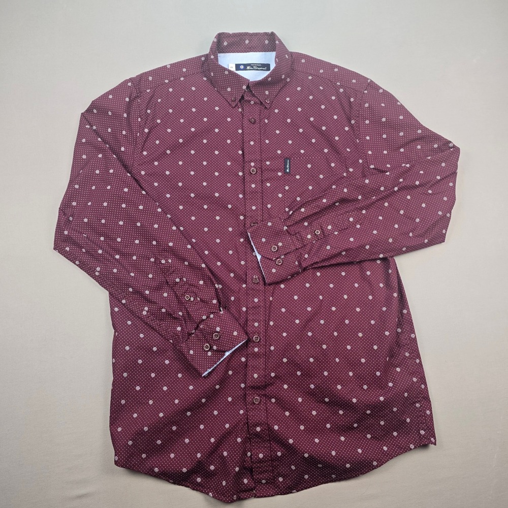 Ben Sherman Wine Ditsy Floral Long Sleeve Mod Button Up Shirt - Large